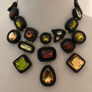 Tory Burch Roxanne Crystal Bib Necklace in Rolled Brass /Black /Multi